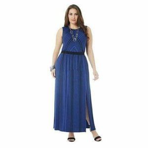 Womens Maxi Dress Small Blue Black Striped Sleeveless Stretch Daisy Fuentes